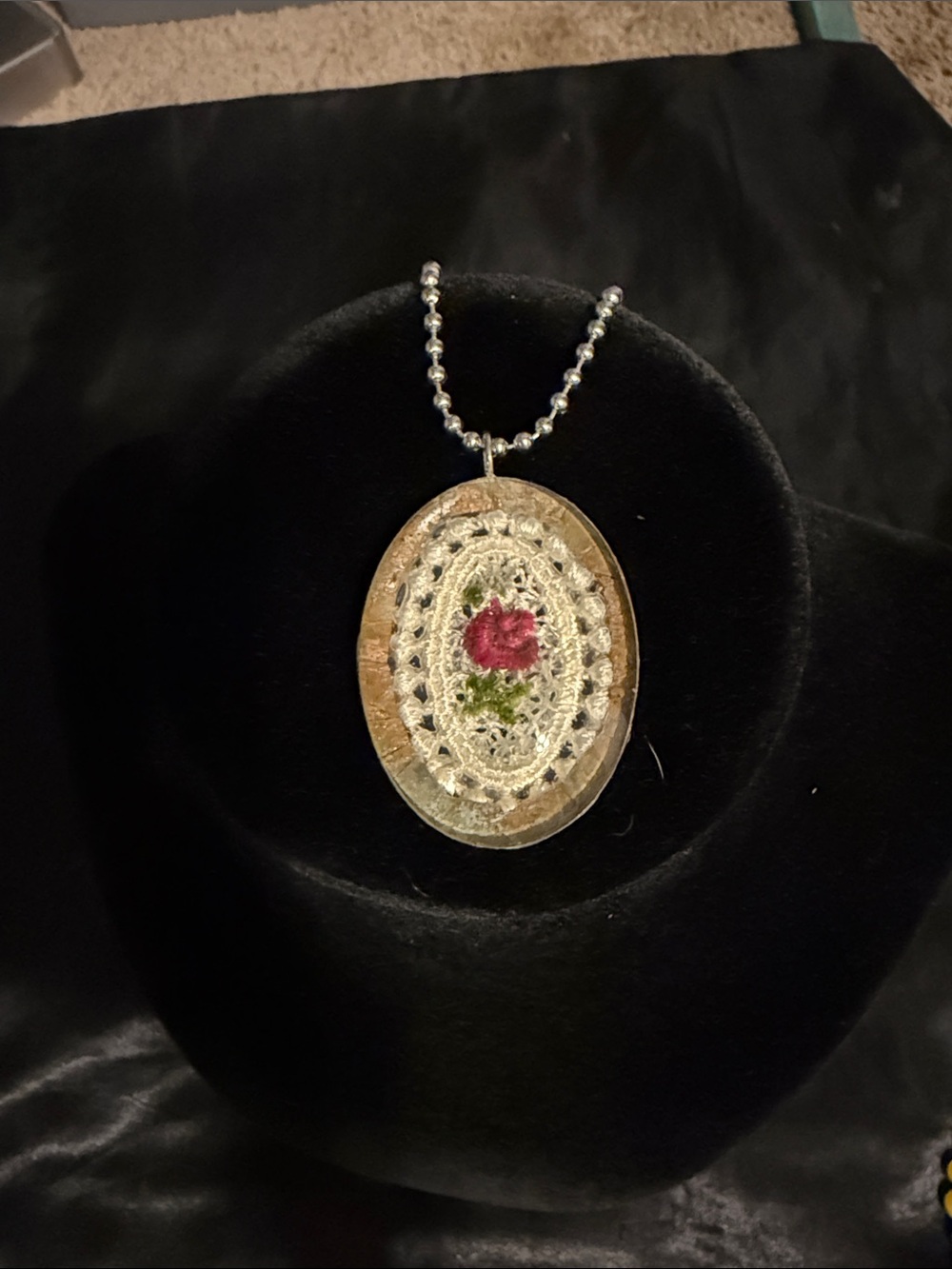 Handcrafted Pink Rose Embroidered Oval Pendant Necklace